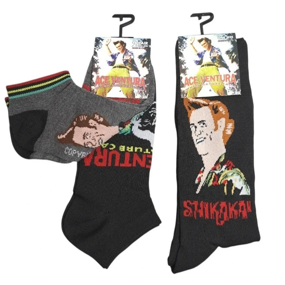 2 Pair One‎ Size ACE VENTURA Low-Cut Socks Size 7-12 Novelty Jim Carey